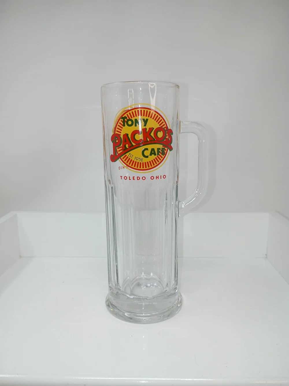 Tony Packo's Cafe Tall Clear Glass Beer Mug - Red & Yellow Logo